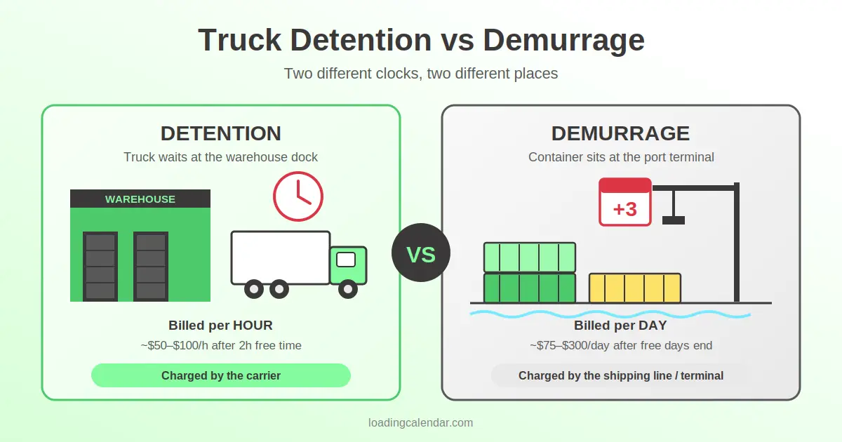 Ventetidsgebyr ved en læsserampe (faktureret pr. time) versus demurrage i en havneterminal (faktureret pr. dag)
